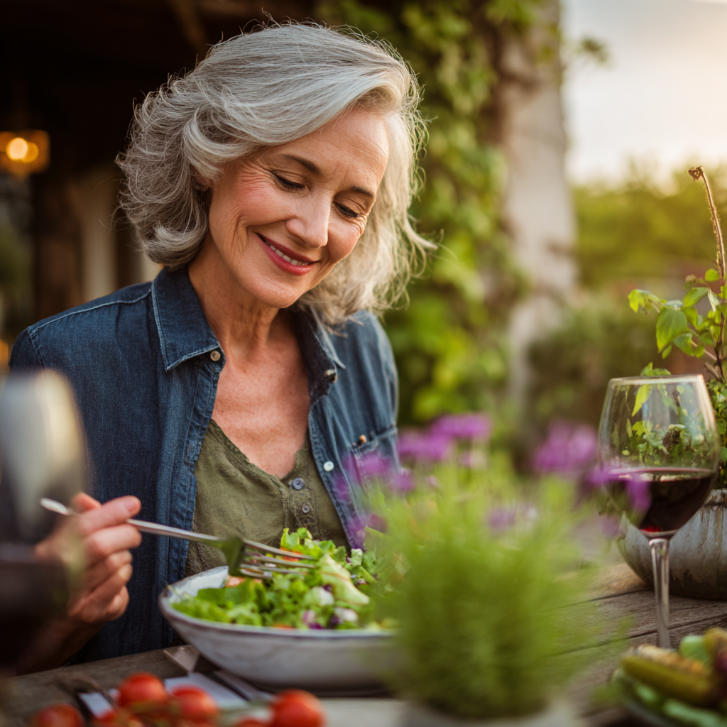 Middle-aged woman enjoying fresh salad outdoors with natural light