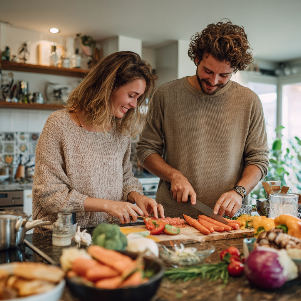 Adult couple preparing fresh healthy meal together in modern kitchen